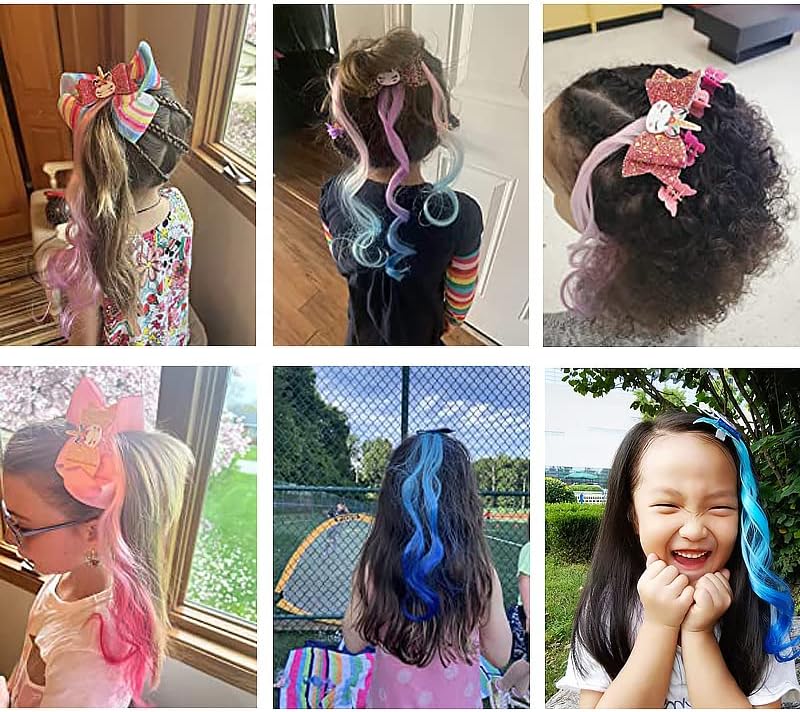 6-Colors Unicorn Hair Bows Clips Hair Accessories For Girls Kids Glitter Braided Curly Gradient Color Wig Hair Extensions（6PCS) - Image 6