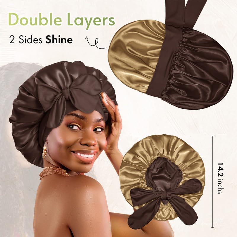 BONNET QUEEN Silk Bonnet for Sleeping Satin Bonnet with Tie Hair Wrap Double Layer Sleep Cap for Women Curly Hair, Brown Yellow - Image 3