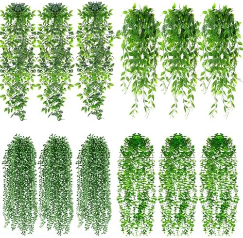 Daifunli 12 Pcs Artificial Hanging Plants Fake Hanging Ferns Plastic Faux Plants for Wall Room Garden Garland Indoor Outdoor Decor No Basket (Eucalyptus,Mandala,String of Pearls,Pea) by Huiinen