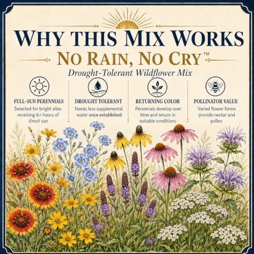 Drought Tolerant Wildflower Seeds – No Rain, No Cry™ – 8-Species Low-Water Flower Mix for Hot, Dry & Sunny Gardens – 4 oz Covers Up to 800 Sq Ft – Paper Street Perennials® - Image 3