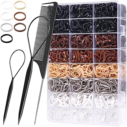 TsMADDTs Small Hair Ties Set, 2000 pcs Rubber Bands with Organizer Box, 7 Natural Colors Clear Black Brown, Rat Tail Comb by TsMADDTs