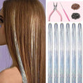 Silver Hair Tinsel Kit 48 Inches 1200 Strands with Tools and Instruction Easy to Install Fairy Glitter Tinsel Hair Extensions for Women and Girls，Shinny Sparkling Braiding Hair Accessories for Halloween Cosplay Party by Fiwecos