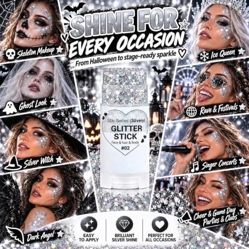 Silver Glitter Stick, Halloween Hair Face Body Glitter Makeup for Women, School Spirit Week Game Day Cheer Football Accessories, Chunky Shimmer Sequins for Rave Concert Festival, Waterproof, 0.56 oz - Image 7