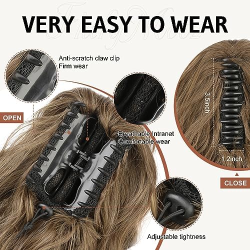 Flufymooz Ponytail Extension, 18 Inch Claw Clip Ponytail Extension, Wavy Curly Claw Clip in Ponytail Hair, Natural Fake Ponytail Synthetic Hairpiece for Women (Dark Ash Blonde with Highlights) - Image 3