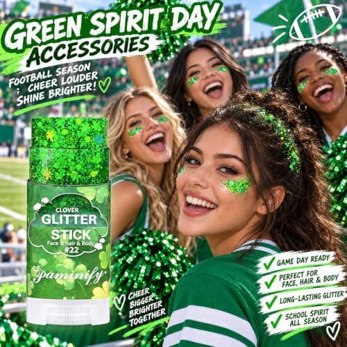 Shamrock Green Face Hair Glitter Stick,Holographic Clover Body Glitter Stick,Green Spirit Accessories for Sport Game Day,Waterproof Halloween Glitter Makeup,St Patricks Day Accessories - Image 2