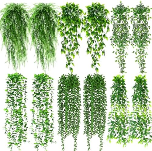 Daifunli 12 Pcs Artificial Hanging Plants Fake Hanging Ferns Plastic Fake Plant for Wall Room Garden Garland Indoor Outdoor Decor No Basket (Eucalyptu,Mandala,Boston,String of Pearl,Podocarpu,Pothos) by Huiinen