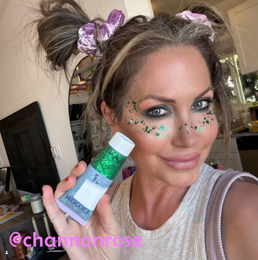MEICOLY Green Face Body Glitter,St Patricks Day Chunky Hair Glitter for Women Kids,Self-Adhesive Holographic Green Accessories Irish Parade Makeup,Spirit Day Wear,Alien Costume,Festival Rave Outfits - Image 6