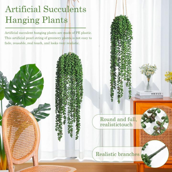 10 Pcs Artificial Succulents Hanging Plants, Fake String of Pearls Greenery Plants, Decoration for Wall Home Backdrop Garden Windows Balcony Indoor and Outdoor (10PCS Green) - Image 2