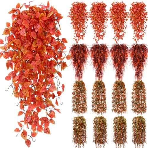 Daifunli 16 Pcs Artificial Fall Hanging Plants Fake Hanging Ferns Plastic Autumn Faux Plants for Wall Room Garden Garland Indoor Outdoor Decor No Basket by Huiinen