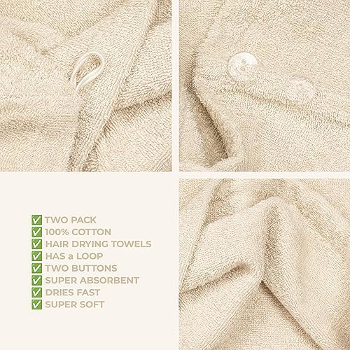 American Soft Linen 100% Cotton Hair Towels for Women, Head Towel Cap, Cotton Hair Turban Towel Wrap for Long Curly Anti Frizz Hair, Soft and Absorbent Cotton Hair Towels 2 Pack, Beige - Image 5