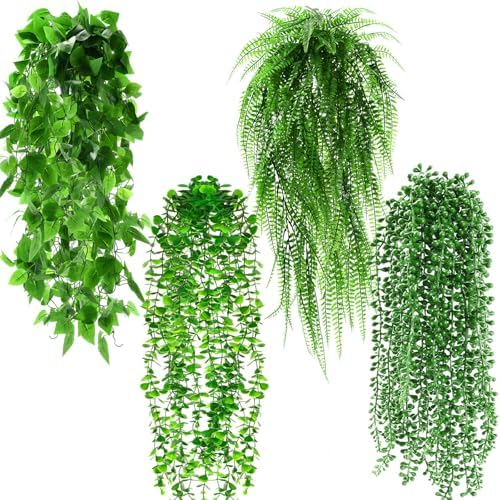 Daifunli 4 Pcs Artificial Hanging Plants Fake Hanging Ferns Plastic Fake Plant for Wall Room Garden Garland Indoor Outdoor Decor No Basket (Boston,Eucalyptus,Ivy Vine,String of Pearls) by Huiinen