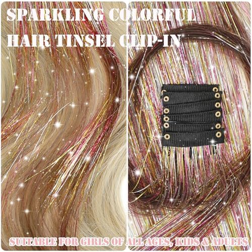 Hair Tinsel Kit 18 Pcs Hair Tinsel Clip in Fuller Sparkle, Heat Resistant Clip in Glitter Tinsel Hair Extensions Fairy Colorful Hair Accessories for Women Girls Daily Party Festival (Star Gold) - Image 2