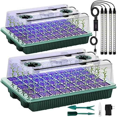 Seed Starter Tray with Grow Light, 2 Packs 80 Cells Seed Starting Kit Seedling Starter Trays with Grow Lights, Plant Germination Trays with Humidity Dome Plant Starter Kit by SZSJA