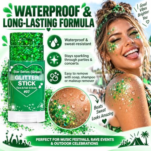 Green Hair Glitter Stick, Green Face Body Glitter Makeup, School Spirit Week Game Day Cheer Accessories, Chunky Sequins for Halloween, St Patrick's Day, Rave Festival Singer Concert, Mardi Gras - Image 4