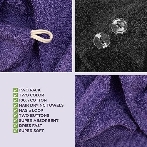 American Soft Linen 100% Cotton Hair Towels for Women, Head Towel Cap, Cotton Hair Turban Towel Wrap for Long Curly Anti Frizz Hair, Soft and Absorbent Cotton Hair Towels 2 Pack, Purple-Black - Image 6