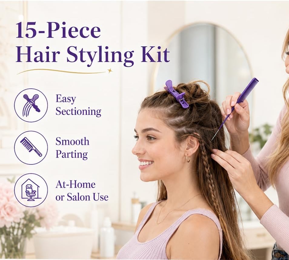 Nalexmi Crochet Hooks for Hair, 15 PCS Latch Hook Crochet Needle Set for Braiding, Locs, Dreadlocks and Passion Twist Extensions, with Tail Comb and Duckbill Hair Clips, Purple Styling Kit - Image 5