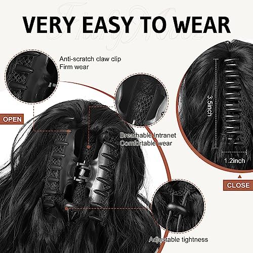 Flufymooz Ponytail Extension, 18 Inch Claw Clip Ponytail Extension, Wavy Curly Claw Clip in Ponytail Hair Extensions, Natural Fake Ponytail Synthetic Hairpiece for Women (Natural Black) - Image 3