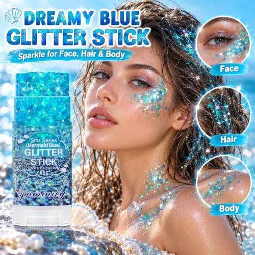 Iridescent Blue Hair Face Glitter Stick,Waterproof Mermaid Light Blue Body Glitter Stick,Spirit Day Accessories for Football Game Day,Halloween Festival Rave Concert Carnival Party Makeup - Image 4
