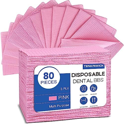 80 Pack Disposable Dental Bibs 13"x18", 3-Ply Waterproof Tattoo Bibs Sheet for Nail Salon, Dental Clinic, Feeding, Tattoo Shop (Pink) by TENKAIWICK