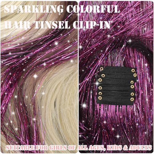 Hair Tinsel Kit 18 Pcs Hair Tinsel Clip in Fuller Sparkle, Heat Resistant Clip in Glitter Tinsel Hair Extensions Fairy Purple Hair Accessories for Women Girls Daily Party Festival (Purple) - Image 2