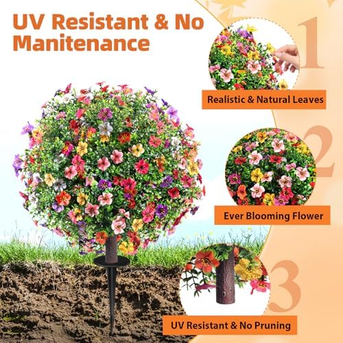 27.5" Artificial Flowers Boxwood Topiary Ball Tree Set of 2, UV Resistant Fake Bushes Shrubs with Ground Spike, Faux Evergreen Tree for Front Porch Outdoor Garden Decor - Image 5