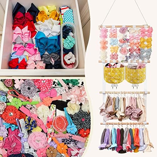kangaroo Hairband Organizer for Baby Girls, Large Capacity Bow Holder Hair Accessories Wall Hanging Organizer with 20 S-hooks and 2 Pockets, Yellow - Image 4