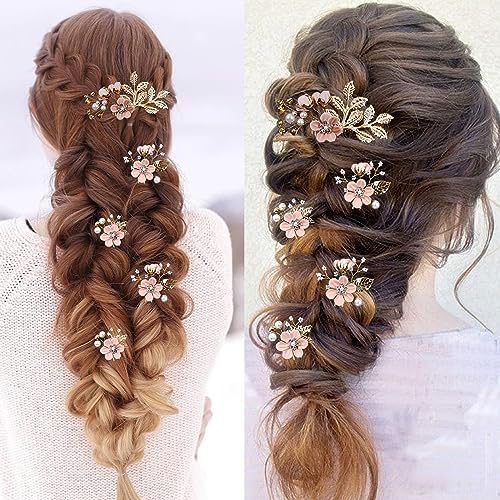 5 PCS Bridal Flower Wedding Hair Pins Crystal Pearl Hair Clips Headpiece Gold Wedding Hair Accessories Jewelry with Rhinestone for Brides Bridesmaids Women Girls Updo(Cherry Blossoms Pink) - Image 6