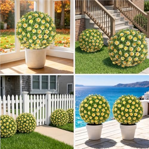 Artificial Yellow Boxwood Topiary Ball Tree with Ground Spike, Set of 2 Fake Fall Boxwood Bushes Shrubs Outdoor, UV Resistant Faux Greenery Trees Ball for Outdoor Front Porch Garden Decor - Image 5