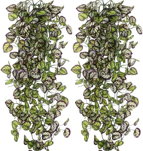 2-Pack Fake Hanging Plants, Faux Hanging Plant Artificial Greenery for Living Room Bedroom Boho Wall Shelf Indoor Outdoor Decor (Purple Feather Leaf) by Unknown