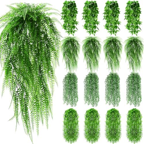 Daifunli 16 Pcs Artificial Hanging Plants Fake Hanging Ferns Plastic Faux Plants for Wall Room Garden Garland Indoor Outdoor Decor No Basket (Boston,Eucalyptus,Ivy Vine,String of Pearls) by Huiinen