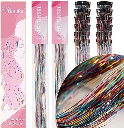 Rainbow Hair Tinsel Pack of 12 Pcs Clip in Hair Tinsel 20 Inch Glitter Tinsel Hair Extensions, Festival Tinsel Fairy Hair Extension Party Dazzle Hair Accessories Strands Kit (12Pcs,Rainbow#) - Image 2