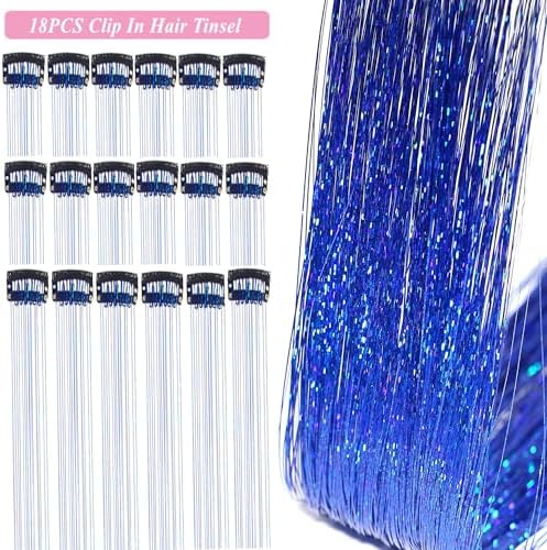 ZYXQZYX Hair Tinsel Kit Pack of 18 Pcs Hair Tinsel Clip in 19.6Inch Glitter Tinsel Hair Extensions Heat Resistant Clip in Hair Tinsel Sparkle Fairy Hair Accessories for Kids Girls Women (Blue) - Image 2