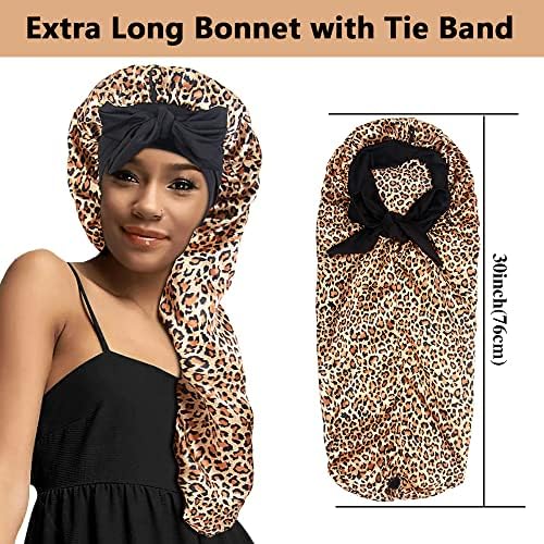 2pcs Long Satin Bonnets with Tie Band, Large Braid Bonnet Silky Hair Cap for Locs Women Sleeping, B - Image 2