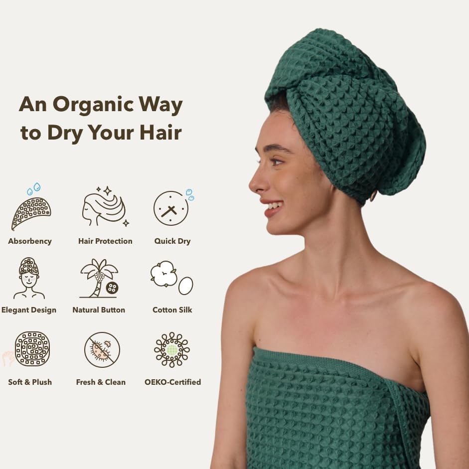 Luxury Organic Japanese Cotton Hair Drying Waffle Towel Wrap for Women | Absorbent, Quick-Dry Head Turban for Shower, Sauna, Spa | Extra Large for Long, Curly, Straight Hair With Button (Green, 2 Pc) - Image 2