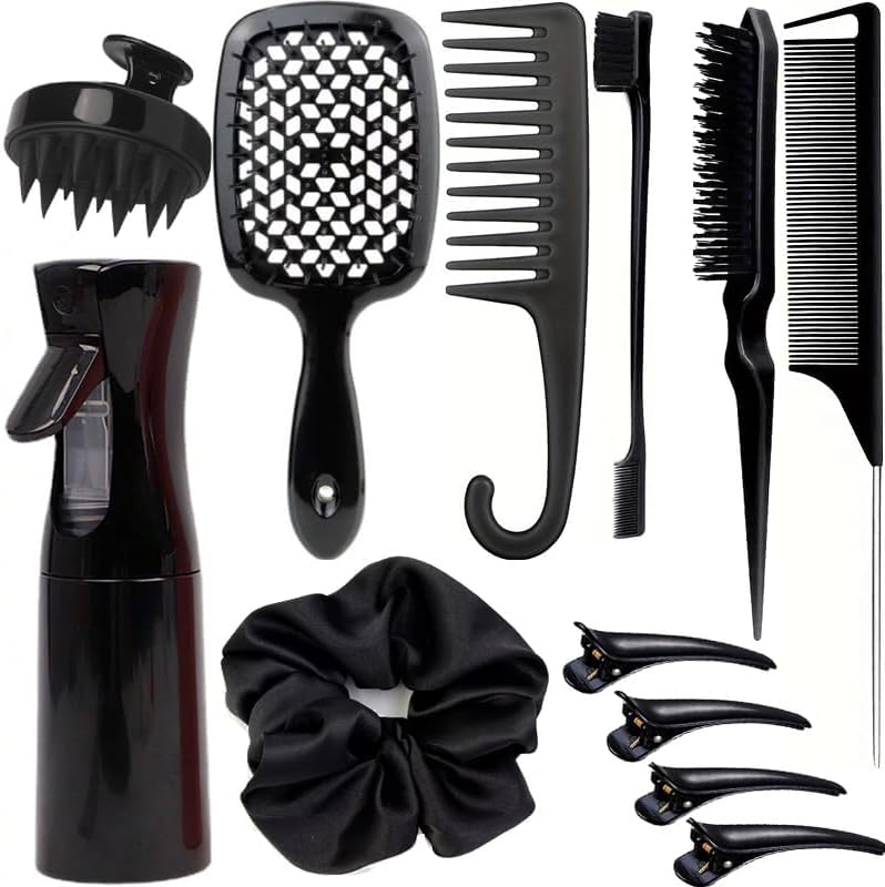 12 Pcs Hair Styling Brush Set with Detangler, Teasing, Rat Tail, Edge Brushes and Baby Hair Brushes - Soft Bristles for Baby Girls and Women (Black) - Image 2