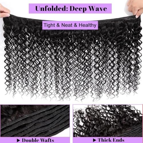 20 22 24 Inch Deep Wave Human Hair Bundles 100% Unprocessed Brazilian Virgin Hair, 3 Bundles, Deep Curly, Black,Sew-In Installation, Wavy Style Keep Texture Silky Soft - Image 5