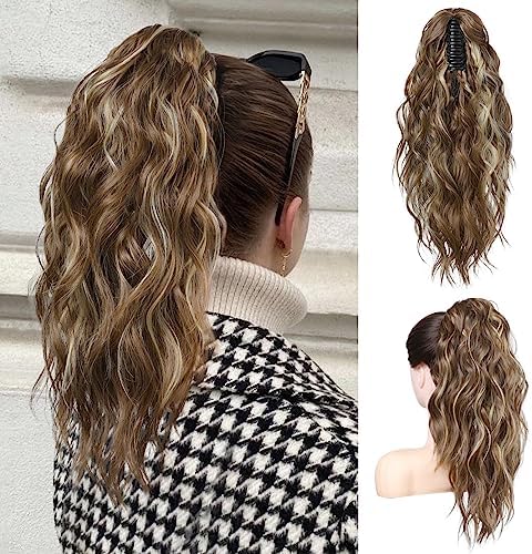 FLUFYMOOZ Ponytail Extension, 18 Inch Claw Clip Ponytail Extension, Wavy Curly Claw Clip in Ponytail Hair Extensions, Natural Fake Ponytail Synthetic Hairpiece for Women (Cool Brown with Blonde Highlights) by Flufymooz