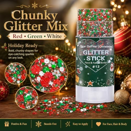 Christmas Hair Glitter Stick,Red and Green Silver Face Body Glitter Makeup,Waterproof Christmas Outfits for Women, Stocking Stuffers Sparkling Party Gift for Girls,Chunky Glitter Makeup - Image 4