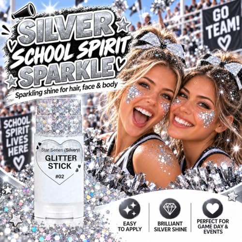 Silver Glitter Stick, Halloween Hair Face Body Glitter Makeup for Women, School Spirit Week Game Day Cheer Football Accessories, Chunky Shimmer Sequins for Rave Concert Festival, Waterproof, 0.56 oz - Image 2