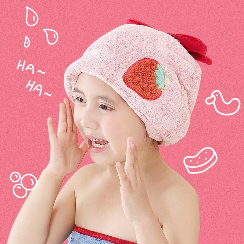 Hair Drying Towel for Kids Girls, Cute Cartoon Absorbent Quick Drying Bath Wrap Set for Bathing, Swimming Pool, Soft Microfiber Cap for Curly Long & Wet Hair, Pink Strawberry - Image 6