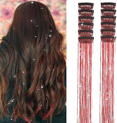Hair Tinsel Pack of 12 Pcs Clip in Hair Tinsel Glitter Red Tinsel Hair Extensions, Festival Tinsel Fairy Hair Extension Party Dazzle Hair Accessories Strands Kit for Women Girls(12Pcs,Red#) by Umylar