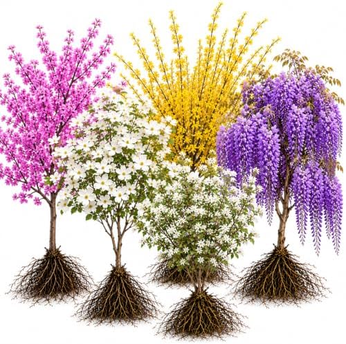 10 Live Bare Root Spring Bloom Collection, 2 Golden Chain, 2 White Flowering Dogwood, 2 Gold Forsythia, 2 Wisteria & 2 Serviceberry Plants by CZGrain