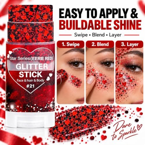 Red and Black Hair Glitter Stick, Face Body Glitter Makeup, Red Black School Spirit Week Game Day Cheer Football Accessories, Heart Chunky Sequins for Halloween Vampire Devil Witch Clown Rave Festival - Image 3
