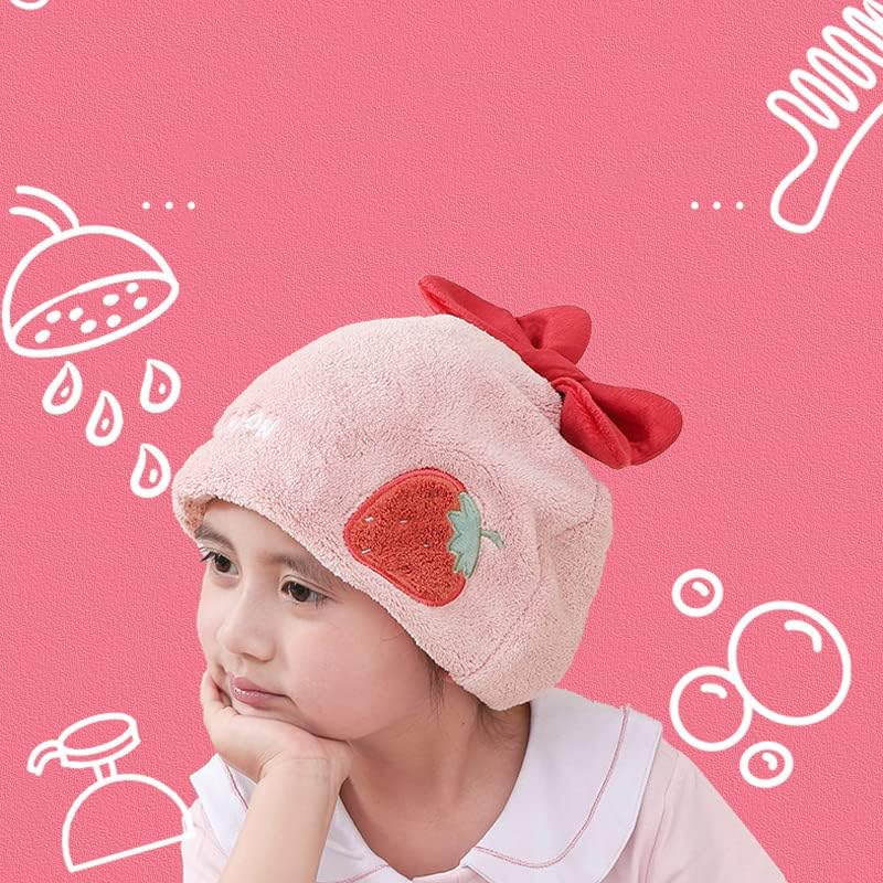 Hair Drying Towel for Kids Girls, Cute Cartoon Absorbent Quick Drying Bath Wrap Set for Bathing, Swimming Pool, Soft Microfiber Cap for Curly Long & Wet Hair, Pink Strawberry - Image 3