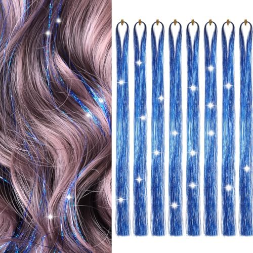 Hair Tinsel 8 Packs 1600 Strands 50 Inch Tinsel Hair Extensions Sapphire Blue Heat Resistant Glitter Sparkling Shinny Fairy Hair Accessories for Women(Sapphire blue, 50Inch) by Sala