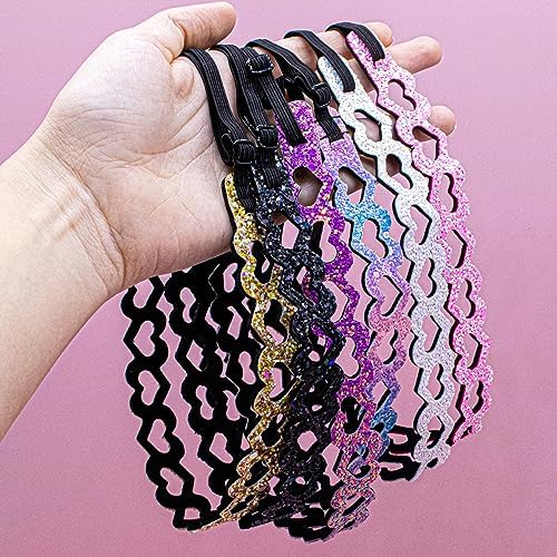 FROG SAC 6 Glitter Headbands for Girls, Adjustable Non Slip Thin Elastic Hair Bands for Kids, Stretch Heart Zig Zag Girl Hair Accessories, Sparkly Headband, Head Band Hairband (Multicolor 1, Kids) - Image 7