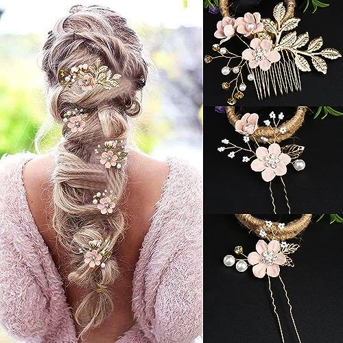 5 PCS Bridal Flower Wedding Hair Pins Crystal Pearl Hair Clips Headpiece Gold Wedding Hair Accessories Jewelry with Rhinestone for Brides Bridesmaids Women Girls Updo(Cherry Blossoms Pink) - Image 3