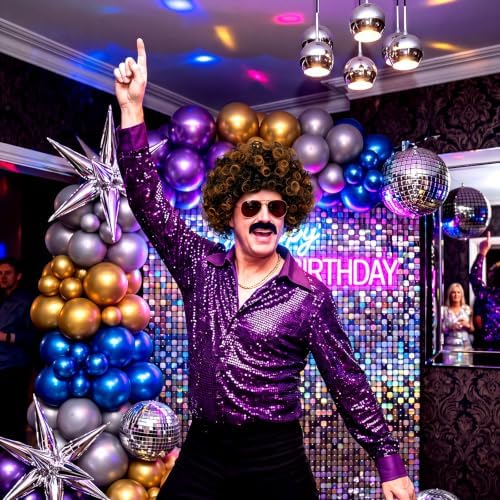 Gejoy Mens Disco Costume Set, 70s Afro Wig Glasses Chain, Brown Black Hair - Image 7