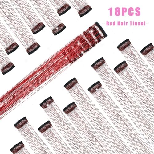 18 Pcs Hair Tinsel Clip in, 20.5 Inch Glitter Tinsel Hair Extensions, Shiny Sparkling Fairy Hair Tinsel Clips, Dazzling Party Hair Accessories for Girls Women Kids (Red) - Image 2