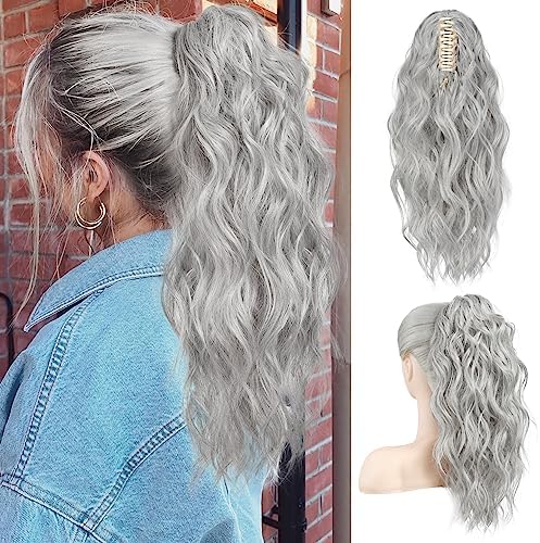 Flufymooz Ponytail Extension, 18 Inch Claw Clip Ponytail Extension, Wavy Curly Claw Clip in Ponytail Hair Extensions, Natural Fake Ponytail Synthetic Hairpiece for Women (Grey/Silver/White Mixed) by Flufymooz